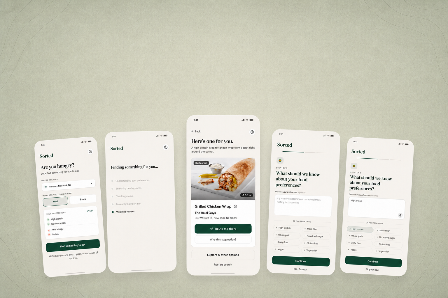 Five Sorted mobile product screens arranged in a fan on a sage background