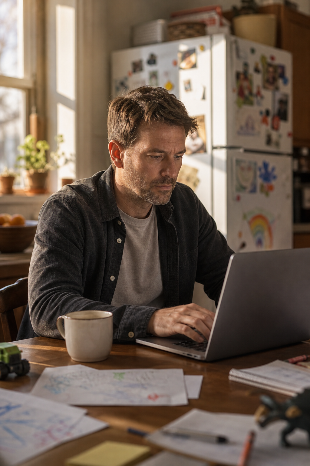 Liam, a working parent, focused on his laptop at a busy family kitchen table